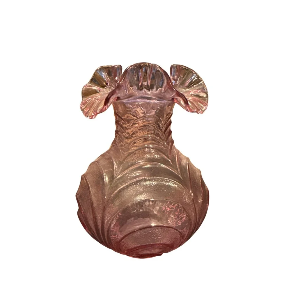 Fenton Art Glass Vase Vtg Small Pink Ruffled Rim Swirl‎ Texture